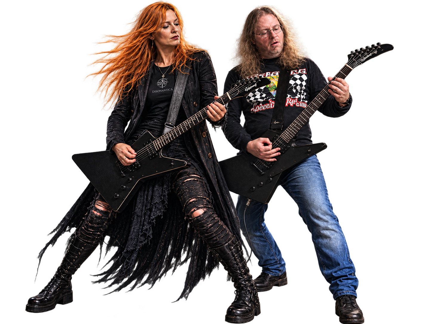 Shelly and Mike playing black Explorer guitars