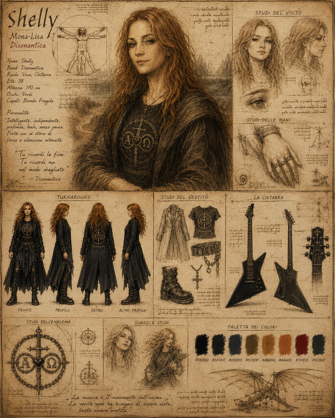 Historical character study and visual archive of Shelly from DISONANTICA